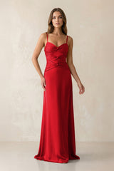 Cami Strap Pleated Sheath Satin Bridesmaid Dress in Ruby Red - KISS BRIDAL Bridesmaid Dresses