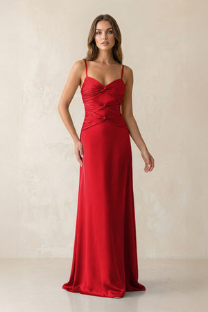 Cami Strap Pleated Sheath Satin Bridesmaid Dress in Ruby Red - KISS BRIDAL Bridesmaid Dresses
