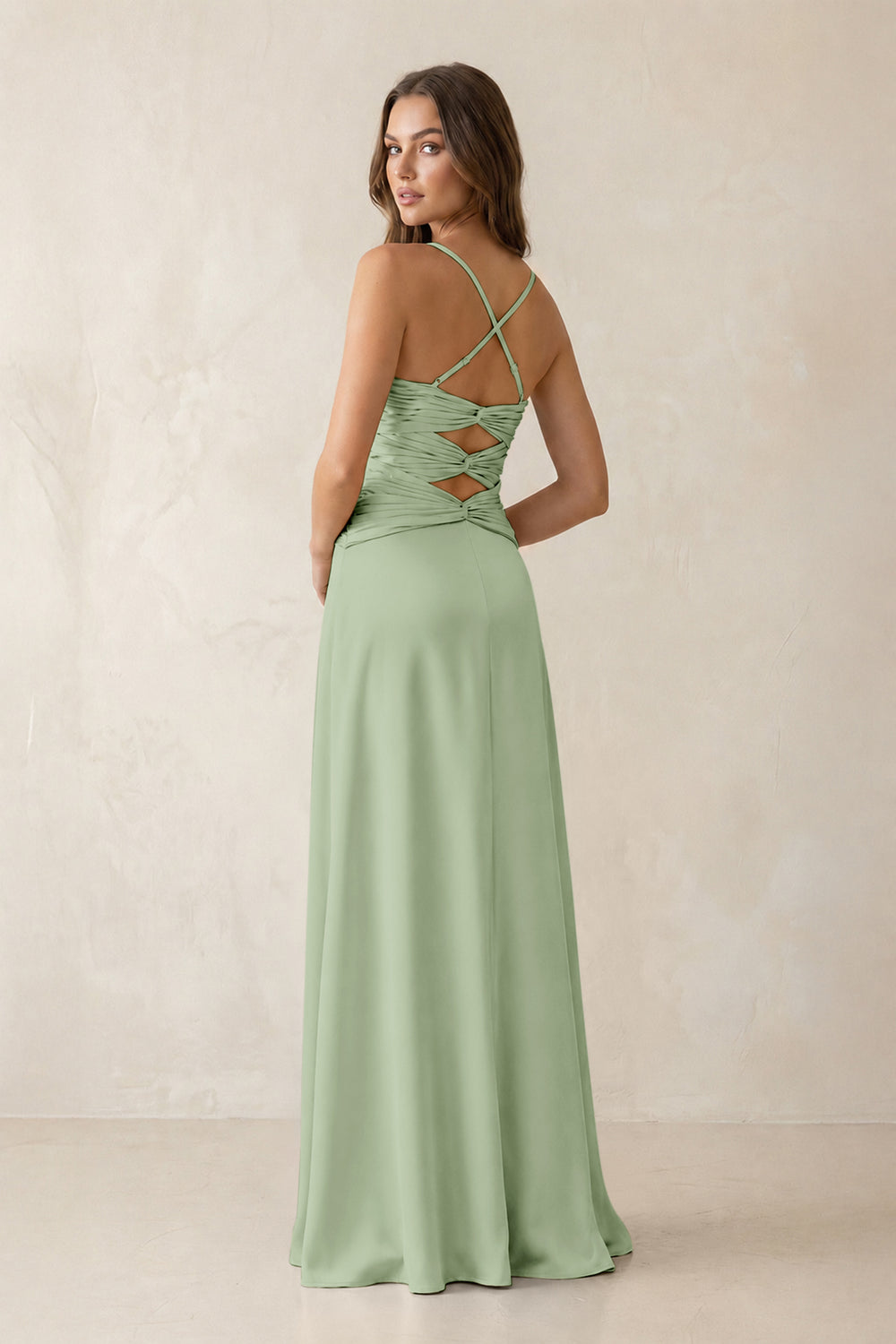 Cami Strap Pleated Sheath Satin Bridesmaid Dress in Sage