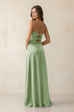 Cami Strap Pleated Sheath Satin Bridesmaid Dress in Sage (2) | KISSBRIDAL