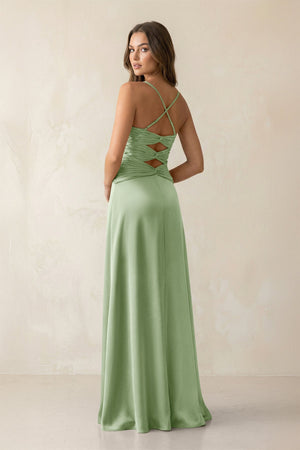Cami Strap Pleated Sheath Satin Bridesmaid Dress in Sage - KISS BRIDAL Bridesmaid Dresses