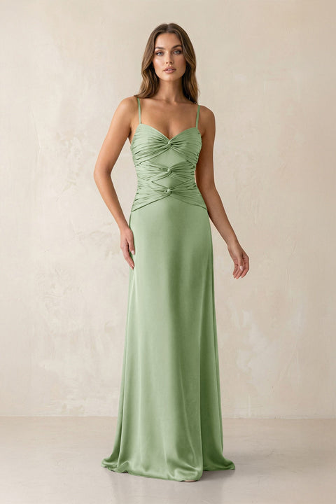 Cami Strap Pleated Sheath Satin Bridesmaid Dress in Sage - KISS BRIDAL Bridesmaid Dresses