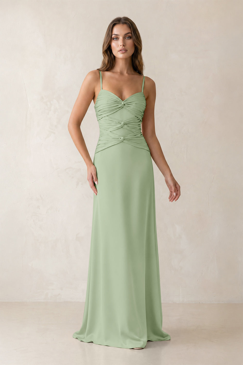 Cami Strap Pleated Sheath Satin Bridesmaid Dress in Sage