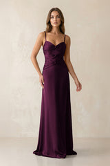 Cami Strap Pleated Sheath Satin Bridesmaid Dress in Sangria - KISS BRIDAL Bridesmaid Dresses