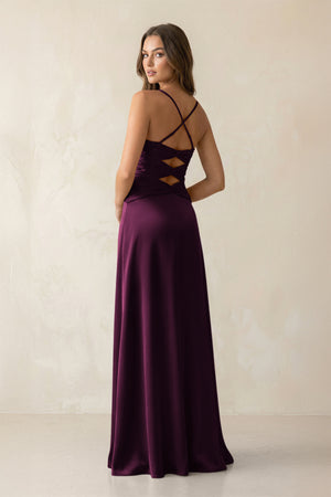 Cami Strap Pleated Sheath Satin Bridesmaid Dress in Sangria (2) | KISSBRIDAL