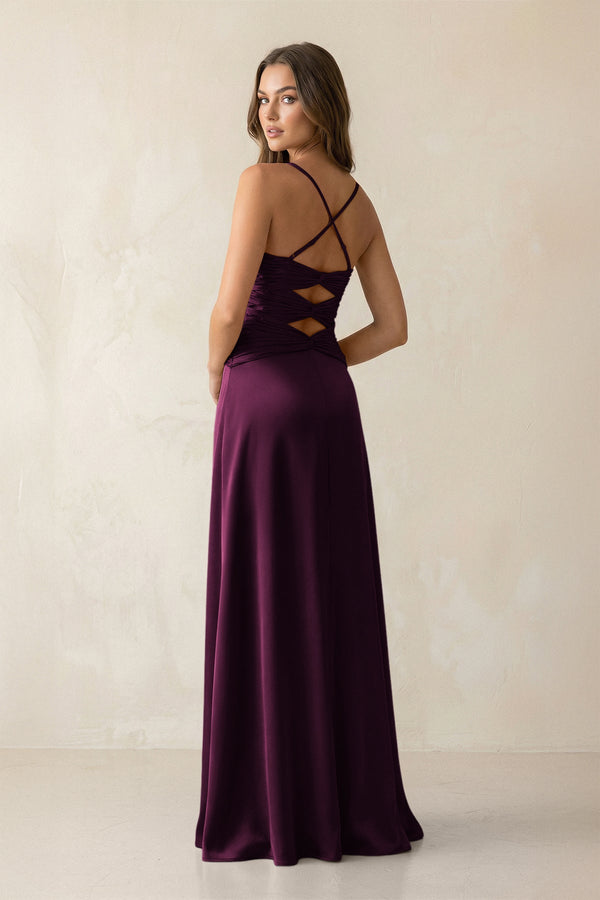 Cami Strap Pleated Sheath Satin Bridesmaid Dress in Sangria - KISS BRIDAL Bridesmaid Dresses