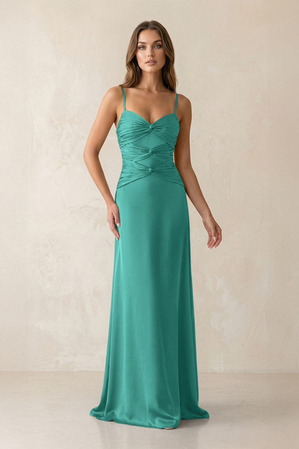 Cami Strap Pleated Sheath Satin Bridesmaid Dress in Sea Glass - KISS BRIDAL Bridesmaid Dresses