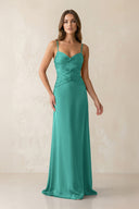 Cami Strap Pleated Sheath Satin Bridesmaid Dress in Sea Glass - KISS BRIDAL Bridesmaid Dresses