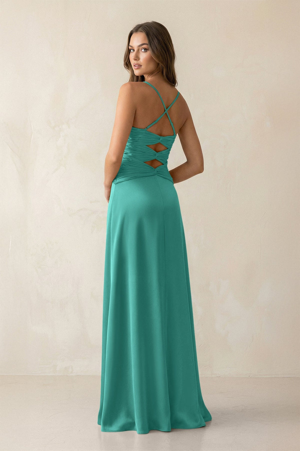 Cami Strap Pleated Sheath Satin Bridesmaid Dress in Sea Glass - KISS BRIDAL Bridesmaid Dresses