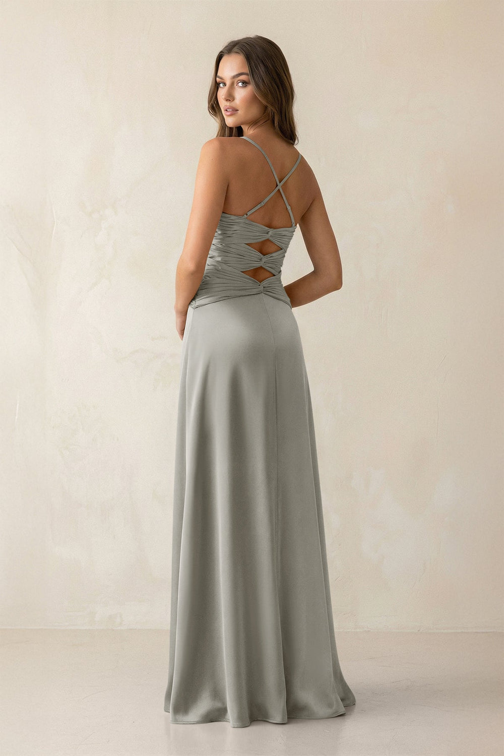Cami Strap Pleated Sheath Satin Bridesmaid Dress in Silver - KISS BRIDAL Bridesmaid Dresses