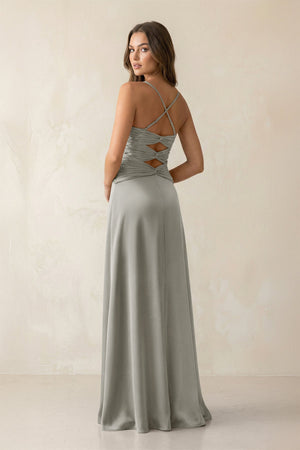 Cami Strap Pleated Sheath Satin Bridesmaid Dress in Silver - KISS BRIDAL Bridesmaid Dresses