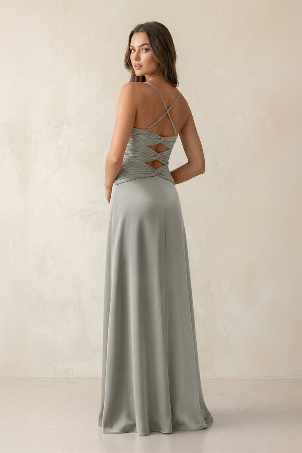 Cami Strap Pleated Sheath Satin Bridesmaid Dress in Silver - KISS BRIDAL Bridesmaid Dresses