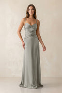 Cami Strap Pleated Sheath Satin Bridesmaid Dress in Silver - KISS BRIDAL Bridesmaid Dresses