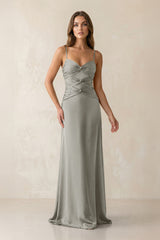Cami Strap Pleated Sheath Satin Bridesmaid Dress in Silver - KISS BRIDAL Bridesmaid Dresses