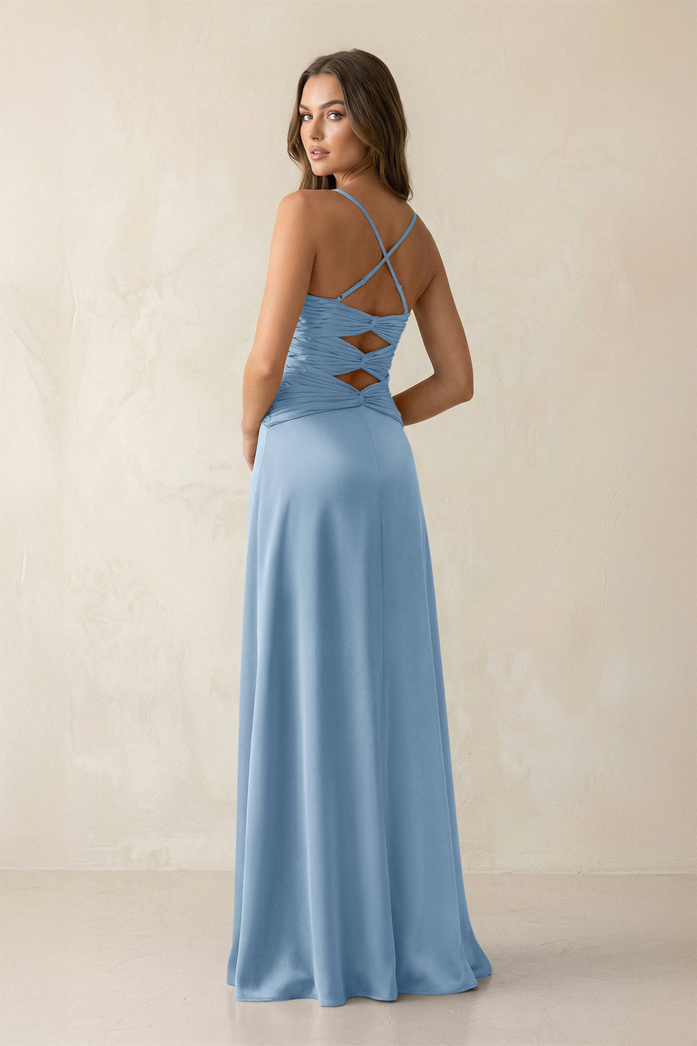Cami Strap Pleated Sheath Satin Bridesmaid Dress in Sky Blue