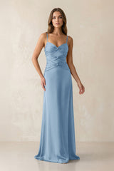 Cami Strap Pleated Sheath Satin Bridesmaid Dress in Sky Blue - KISS BRIDAL Bridesmaid Dresses
