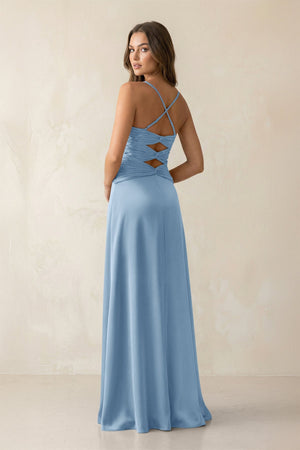 Cami Strap Pleated Sheath Satin Bridesmaid Dress in Sky Blue - KISS BRIDAL Bridesmaid Dresses