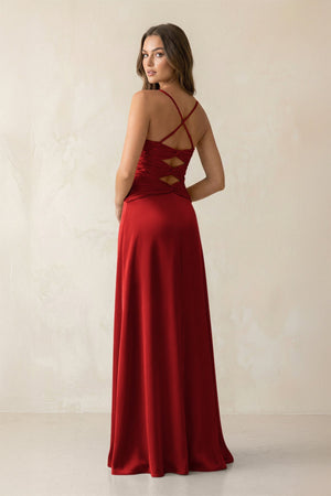 Cami Strap Pleated Sheath Satin Bridesmaid Dress in Spice - KISS BRIDAL Bridesmaid Dresses