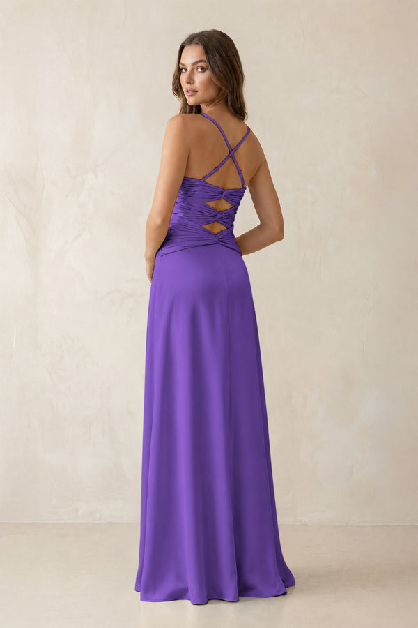 Cami Strap Pleated Sheath Satin Bridesmaid Dress in Tahiti (2) | KISSBRIDAL