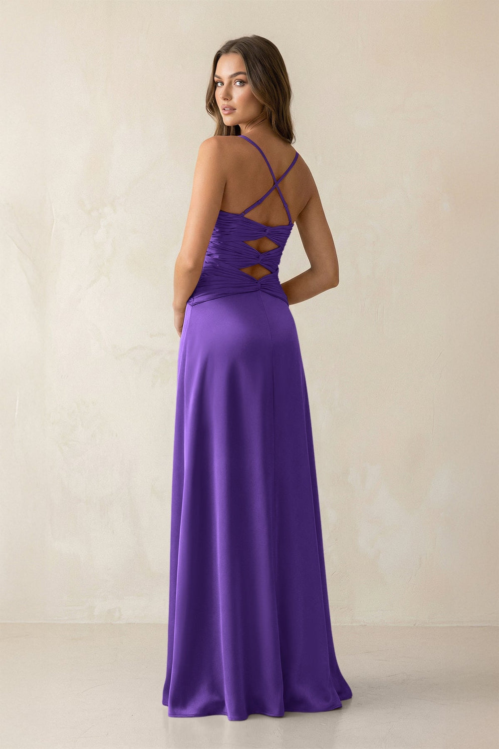 Cami Strap Pleated Sheath Satin Bridesmaid Dress in Tahiti - KISS BRIDAL Bridesmaid Dresses