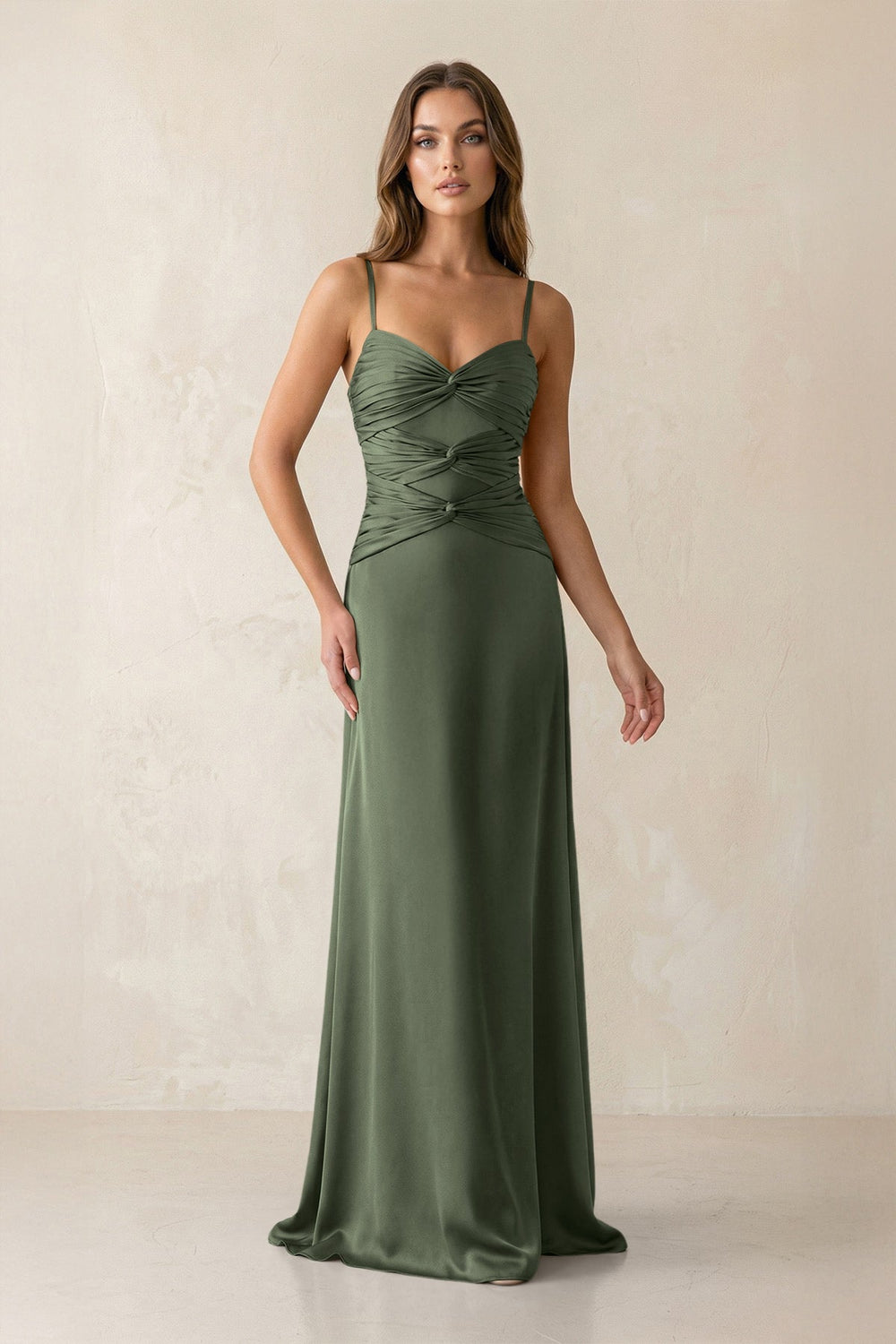 Cami Strap Pleated Sheath Satin Bridesmaid Dress in Thyme - KISS BRIDAL Bridesmaid Dresses