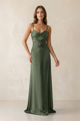 Cami Strap Pleated Sheath Satin Bridesmaid Dress in Thyme - KISS BRIDAL Bridesmaid Dresses