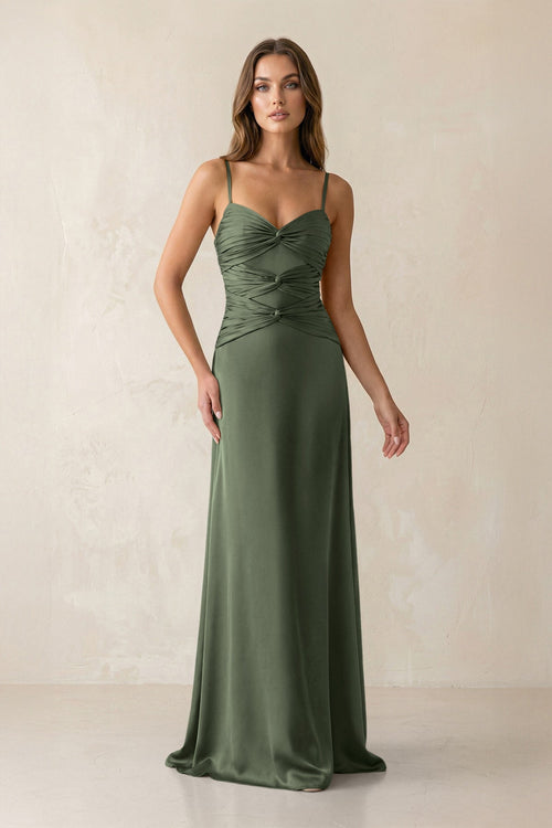 Cami Strap Pleated Sheath Satin Bridesmaid Dress in Thyme - KISS BRIDAL Bridesmaid Dresses