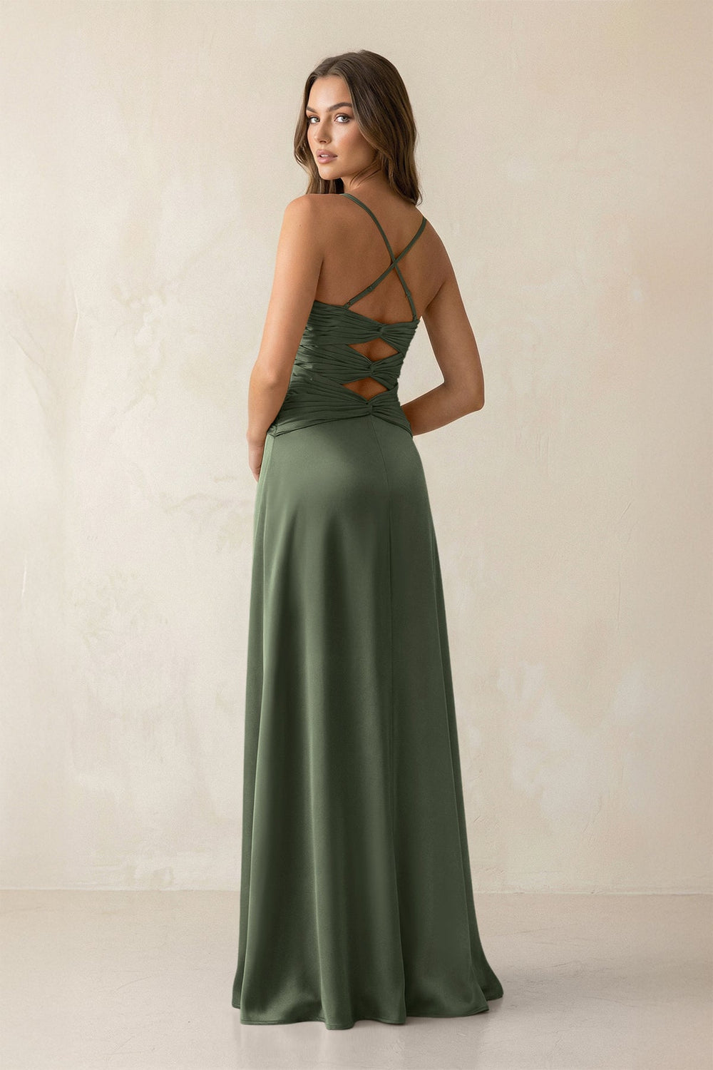 Cami Strap Pleated Sheath Satin Bridesmaid Dress in Thyme - KISS BRIDAL Bridesmaid Dresses