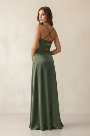 Cami Strap Pleated Sheath Satin Bridesmaid Dress in Thyme - KISS BRIDAL Bridesmaid Dresses