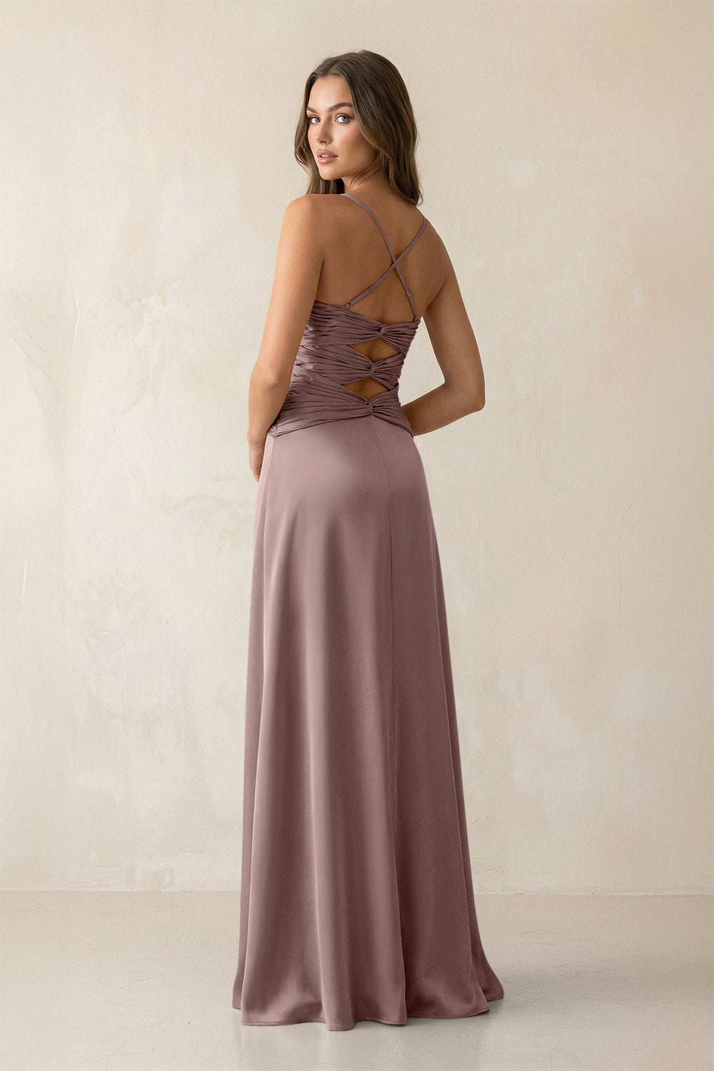 Cami Strap Pleated Sheath Satin Bridesmaid Dress in Toffee