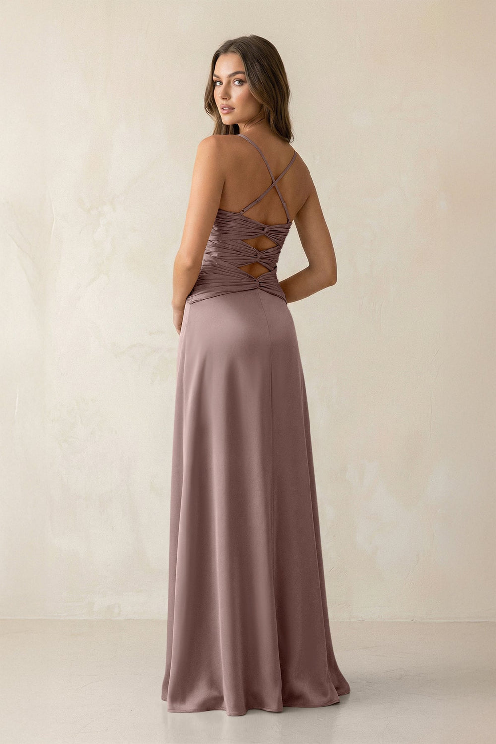 Cami Strap Pleated Sheath Satin Bridesmaid Dress in Toffee - KISS BRIDAL Bridesmaid Dresses