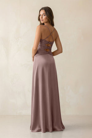 Cami Strap Pleated Sheath Satin Bridesmaid Dress in Toffee - KISS BRIDAL Bridesmaid Dresses