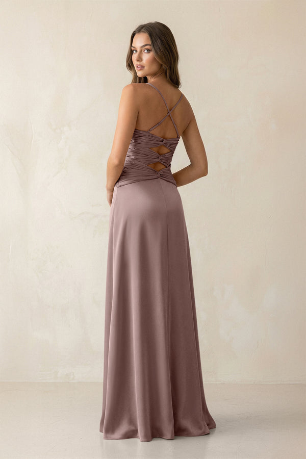 Cami Strap Pleated Sheath Satin Bridesmaid Dress in Toffee - KISS BRIDAL Bridesmaid Dresses