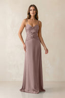 Cami Strap Pleated Sheath Satin Bridesmaid Dress in Toffee | KISSBRIDAL