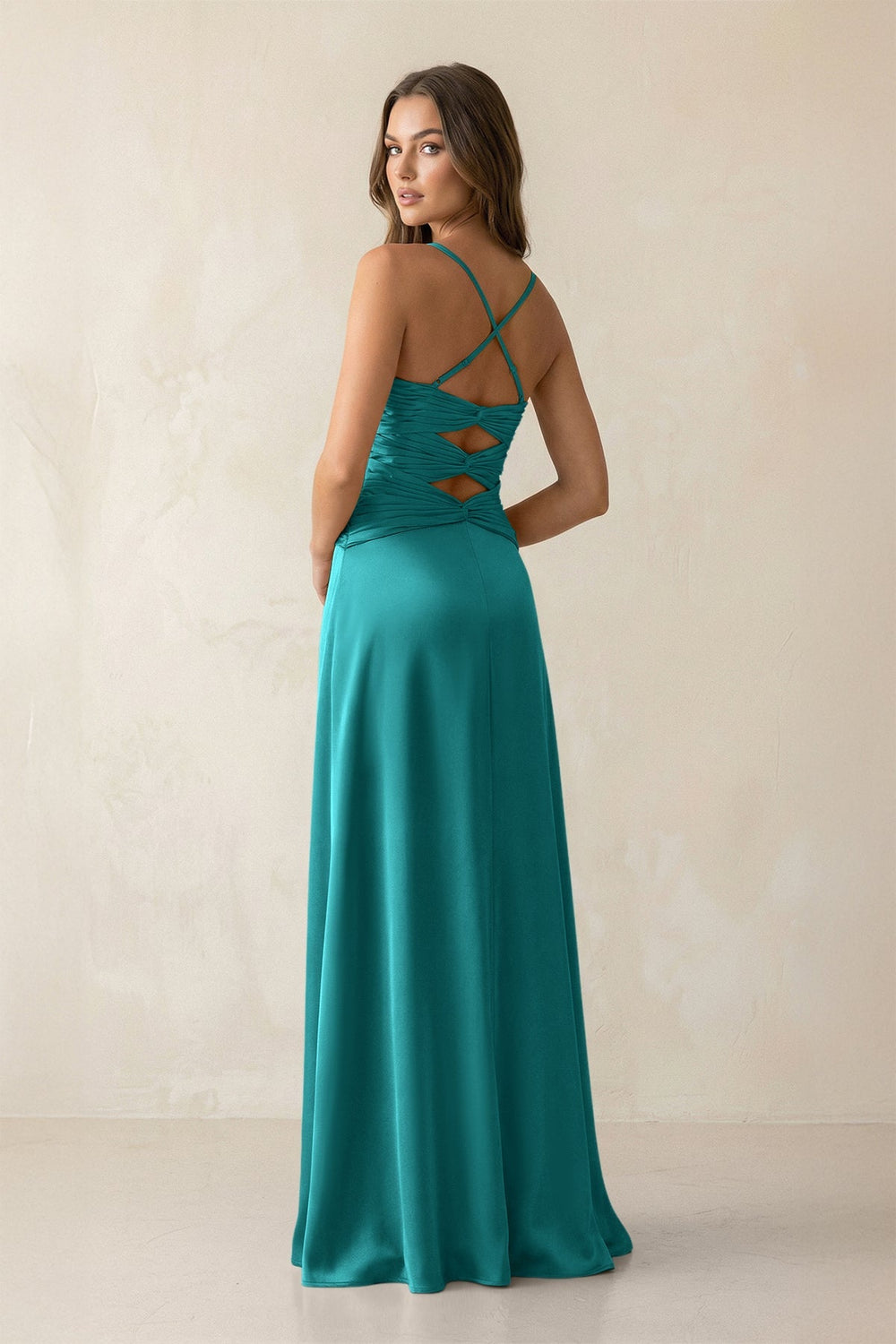 Cami Strap Pleated Sheath Satin Bridesmaid Dress in Turquoise - KISS BRIDAL Bridesmaid Dresses