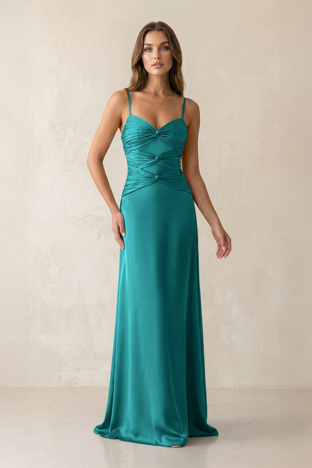 Cami Strap Pleated Sheath Satin Bridesmaid Dress in Turquoise - KISS BRIDAL Bridesmaid Dresses