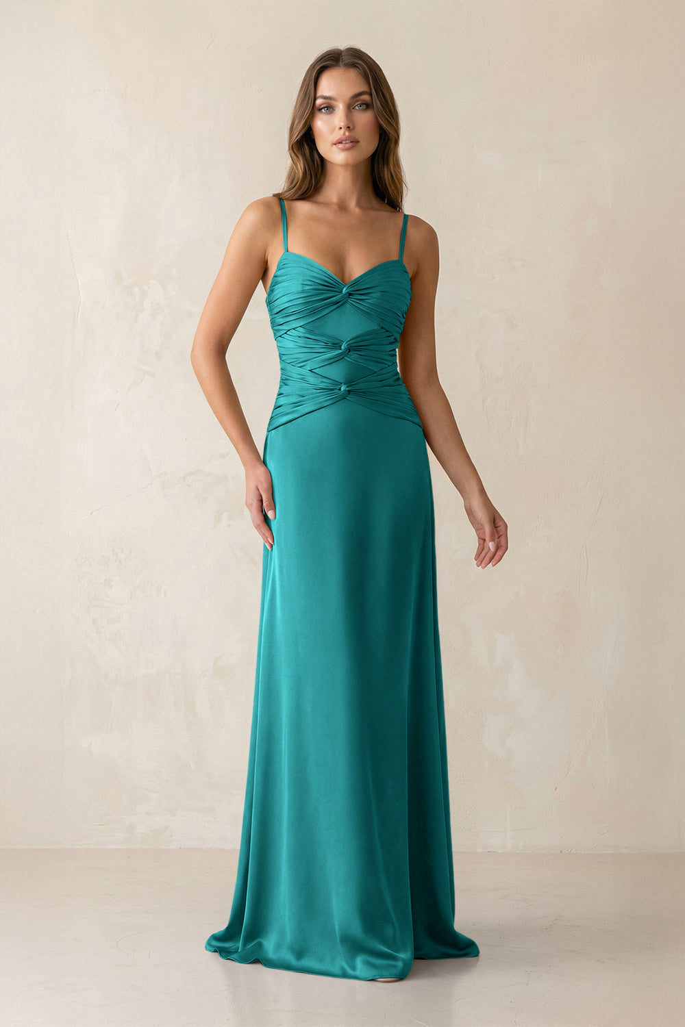 Cami Strap Pleated Sheath Satin Bridesmaid Dress in Turquoise