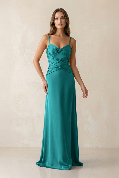 Cami Strap Pleated Sheath Satin Bridesmaid Dress in Turquoise | KISSBRIDAL