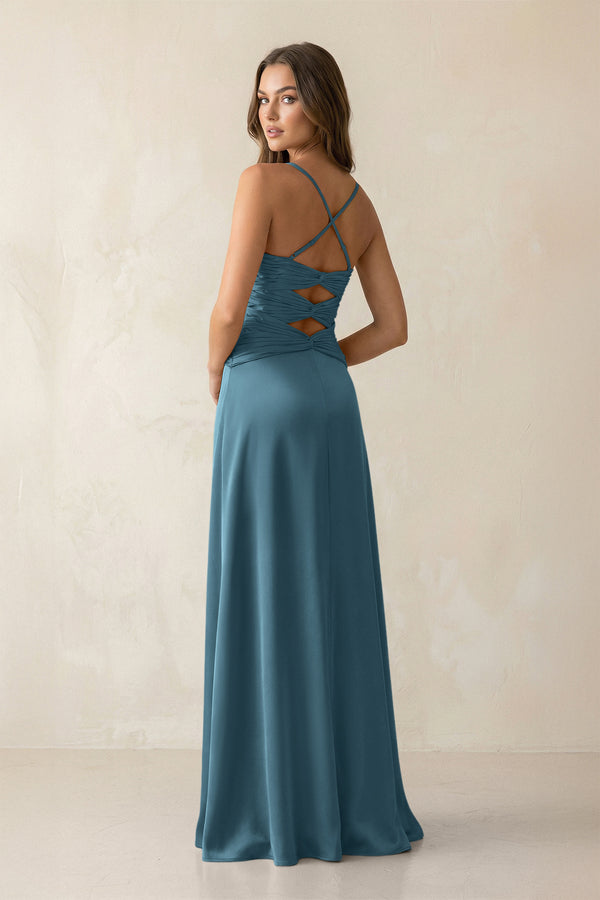 Cami Strap Pleated Sheath Satin Bridesmaid Dress in Twilight (2) | KISSBRIDAL