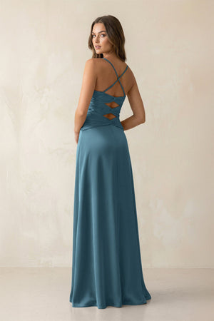 Cami Strap Pleated Sheath Satin Bridesmaid Dress in Twilight - KISS BRIDAL Bridesmaid Dresses