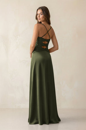 Cami Strap Pleated Sheath Satin Bridesmaid Dress in Willow Green - KISS BRIDAL Bridesmaid Dresses