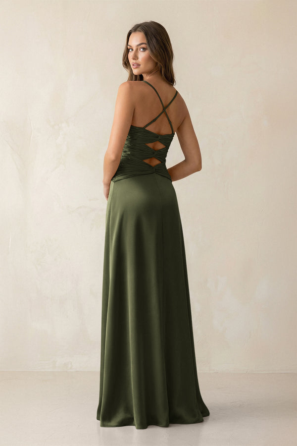 Cami Strap Pleated Sheath Satin Bridesmaid Dress in Willow Green - KISS BRIDAL Bridesmaid Dresses