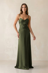 Cami Strap Pleated Sheath Satin Bridesmaid Dress in Willow Green - KISS BRIDAL Bridesmaid Dresses