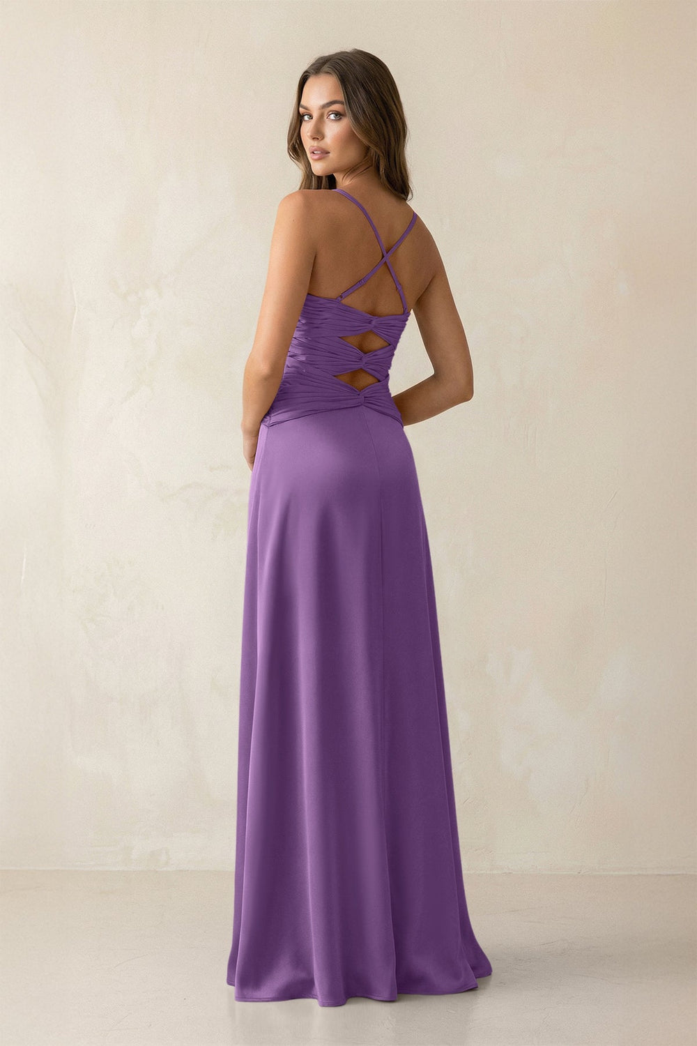Cami Strap Pleated Sheath Satin Bridesmaid Dress in Wisteria - KISS BRIDAL Bridesmaid Dresses