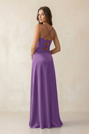 Cami Strap Pleated Sheath Satin Bridesmaid Dress in Wisteria - KISS BRIDAL Bridesmaid Dresses
