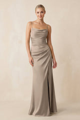 Cami Strap Ruched Satin Sheath Bridesmaid Dress in Almond - KISS BRIDAL Bridesmaid Dresses