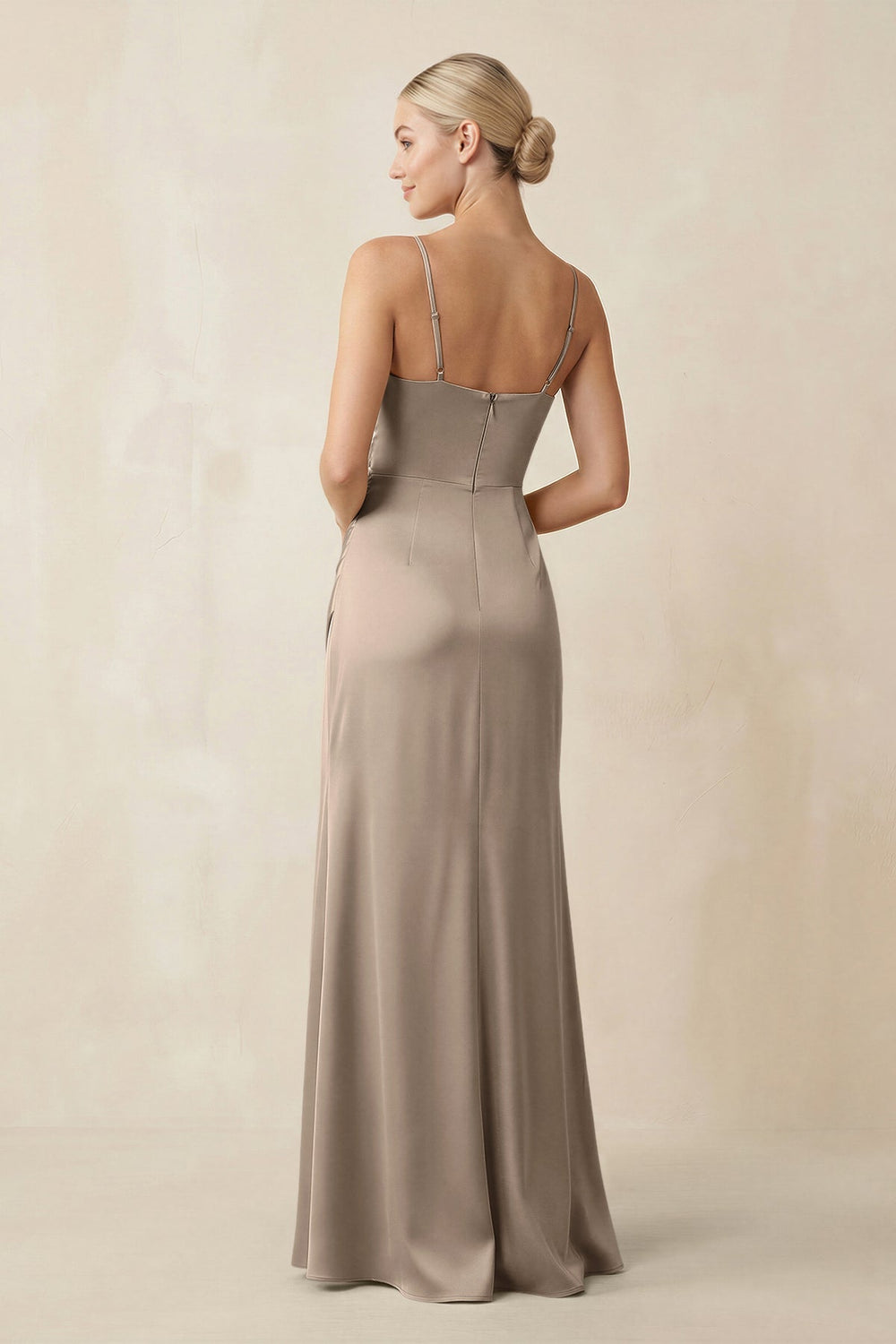 Cami Strap Ruched Satin Sheath Bridesmaid Dress in Almond - KISS BRIDAL Bridesmaid Dresses