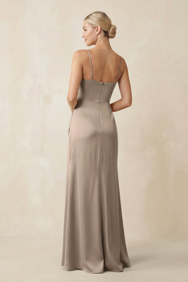 Cami Strap Ruched Satin Sheath Bridesmaid Dress in Almond - KISS BRIDAL Bridesmaid Dresses