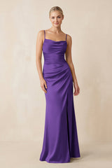 Cami Strap Ruched Satin Sheath Bridesmaid Dress in Amethyst - KISS BRIDAL Bridesmaid Dresses