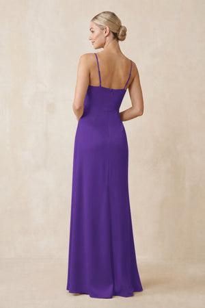 Cami Strap Ruched Satin Sheath Bridesmaid Dress in Amethyst (2) | KISSBRIDAL
